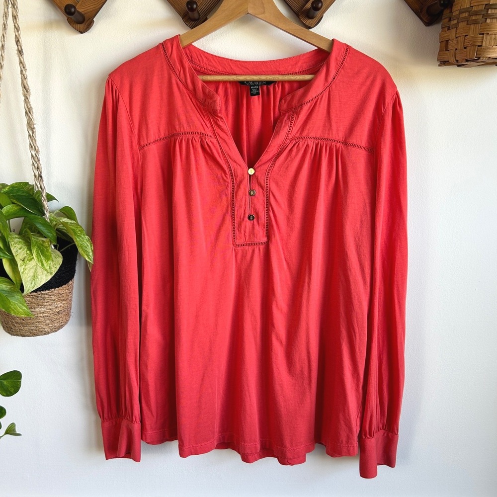 Lauren Ralph Lauren Coral Pink Cotton Lace Trim Henley Blouse XL Gold Buttons